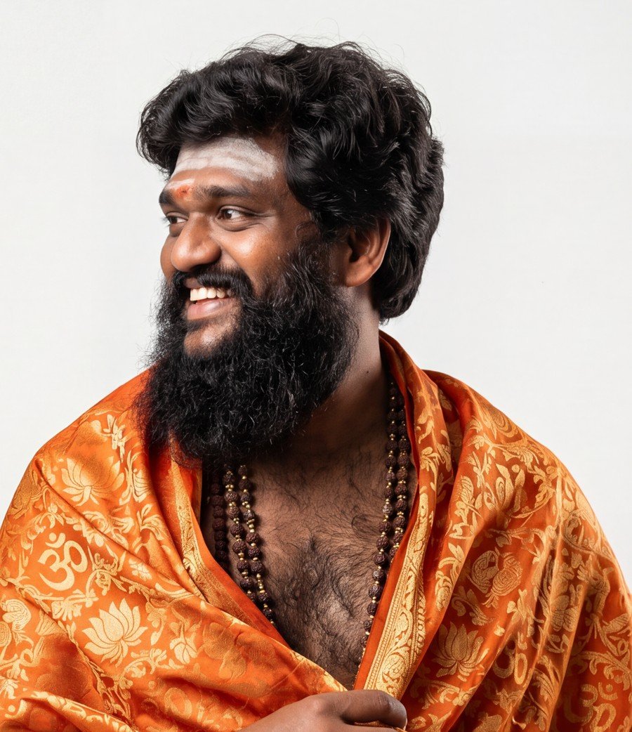 Navakari Swamigal, smiling, wearing a saffron silk shawl
